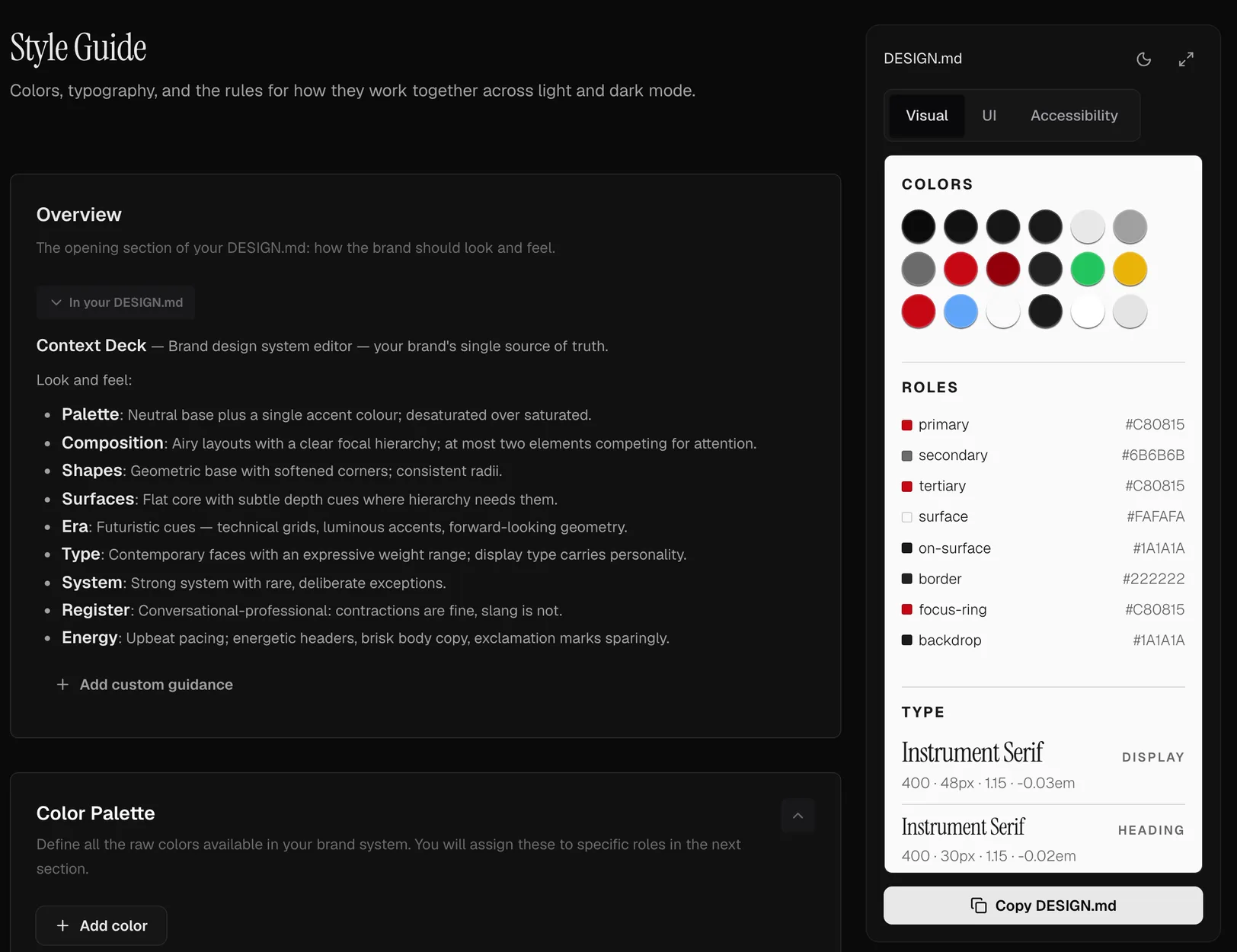 The Context Deck editor, with the style guide on the left and the live DESIGN.md beside it